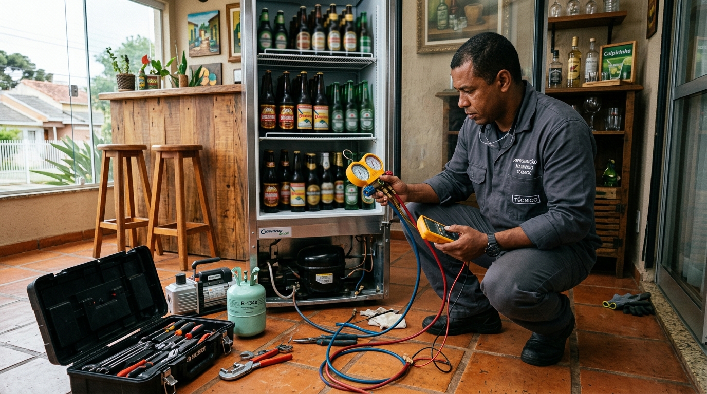 Profissional executando reparo no motor de cervejeira em Franca‑SP