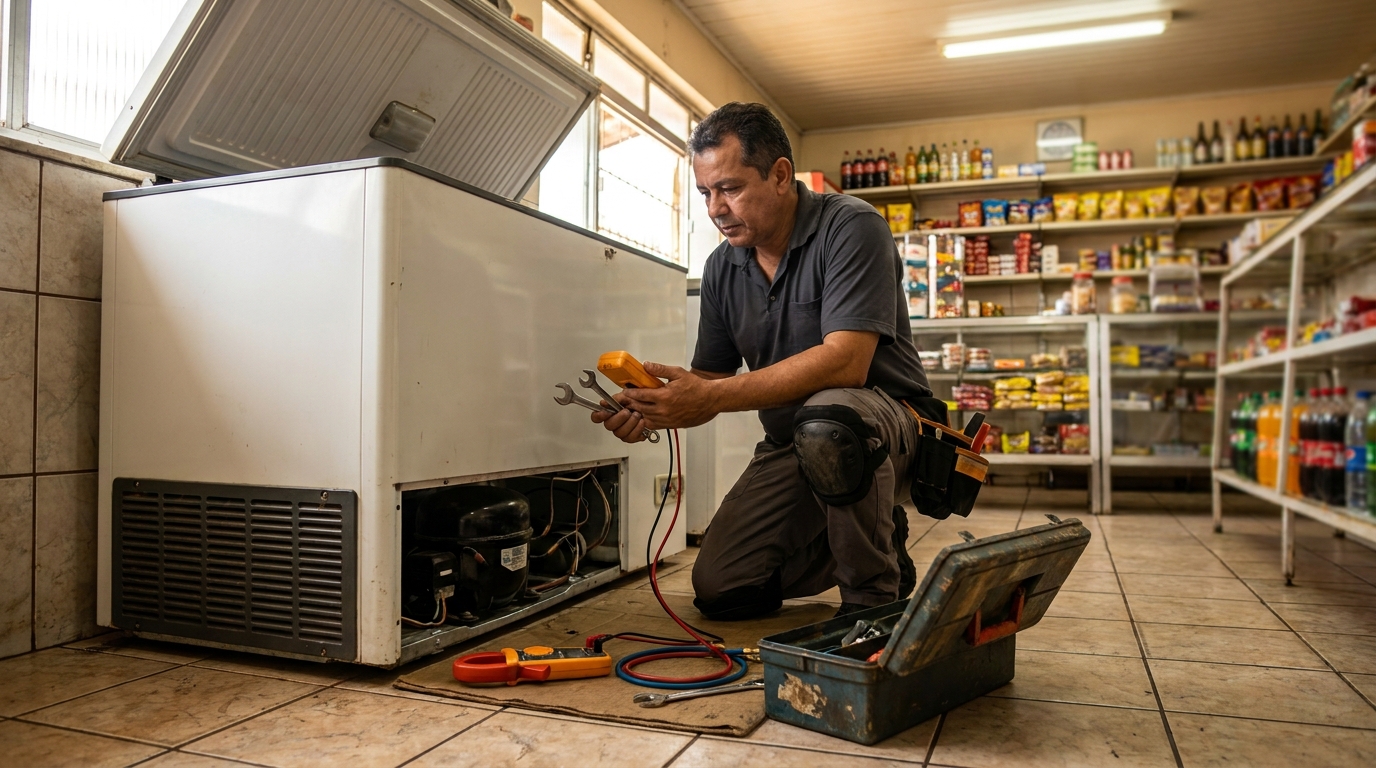 Profissional executando manutenção no motor de freezer no Centro, Franca‑SP