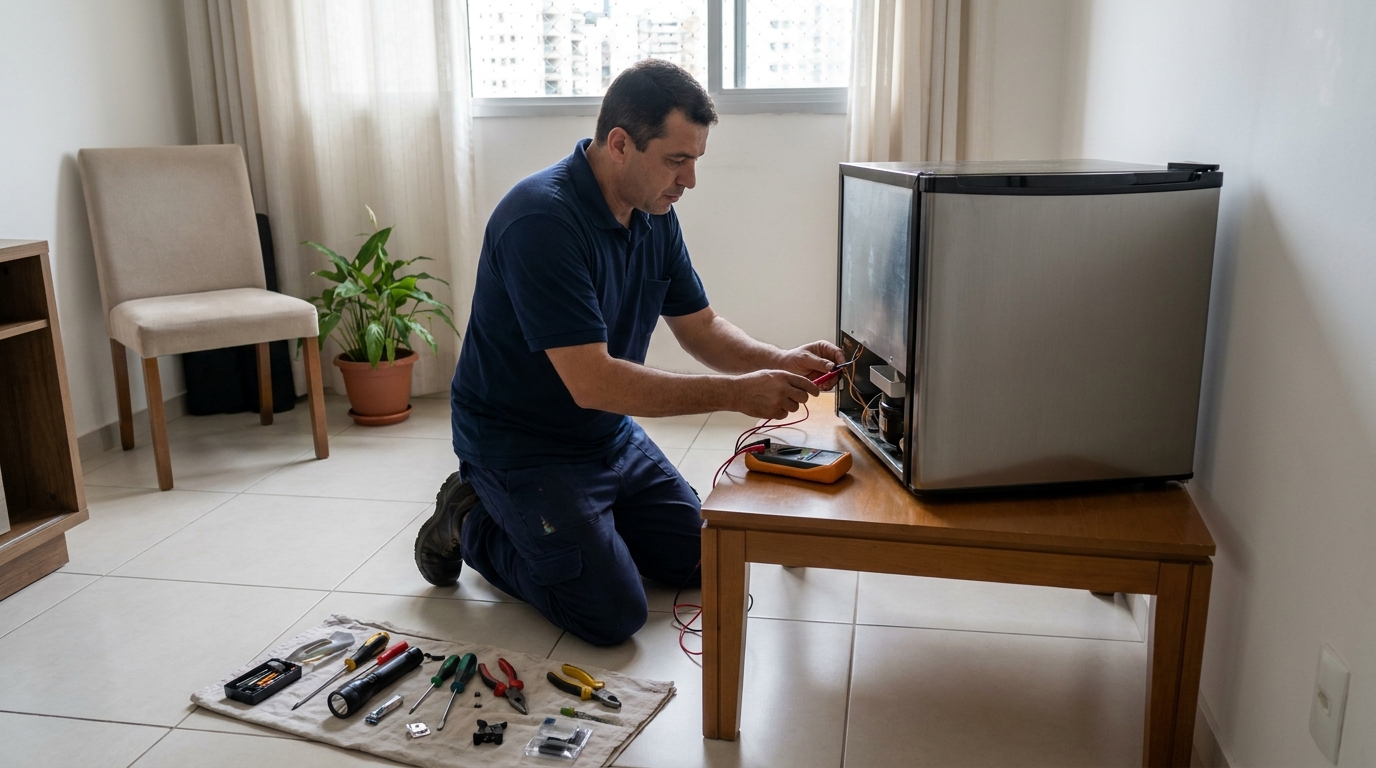 Técnico fazendo manutenção do motor de frigobar em Franca‑SP