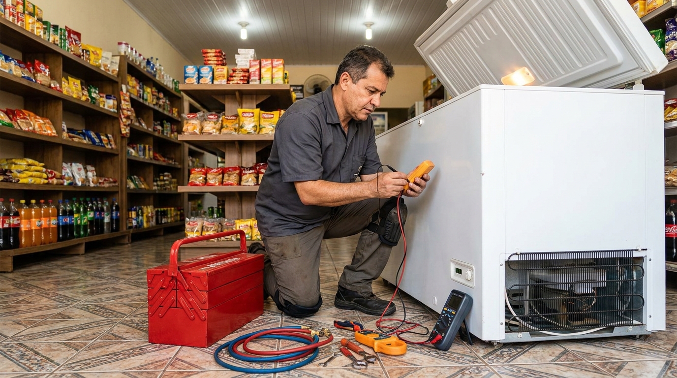 Recarga de gás refrigerante no freezer durante atendimento no Centro, Franca‑SP