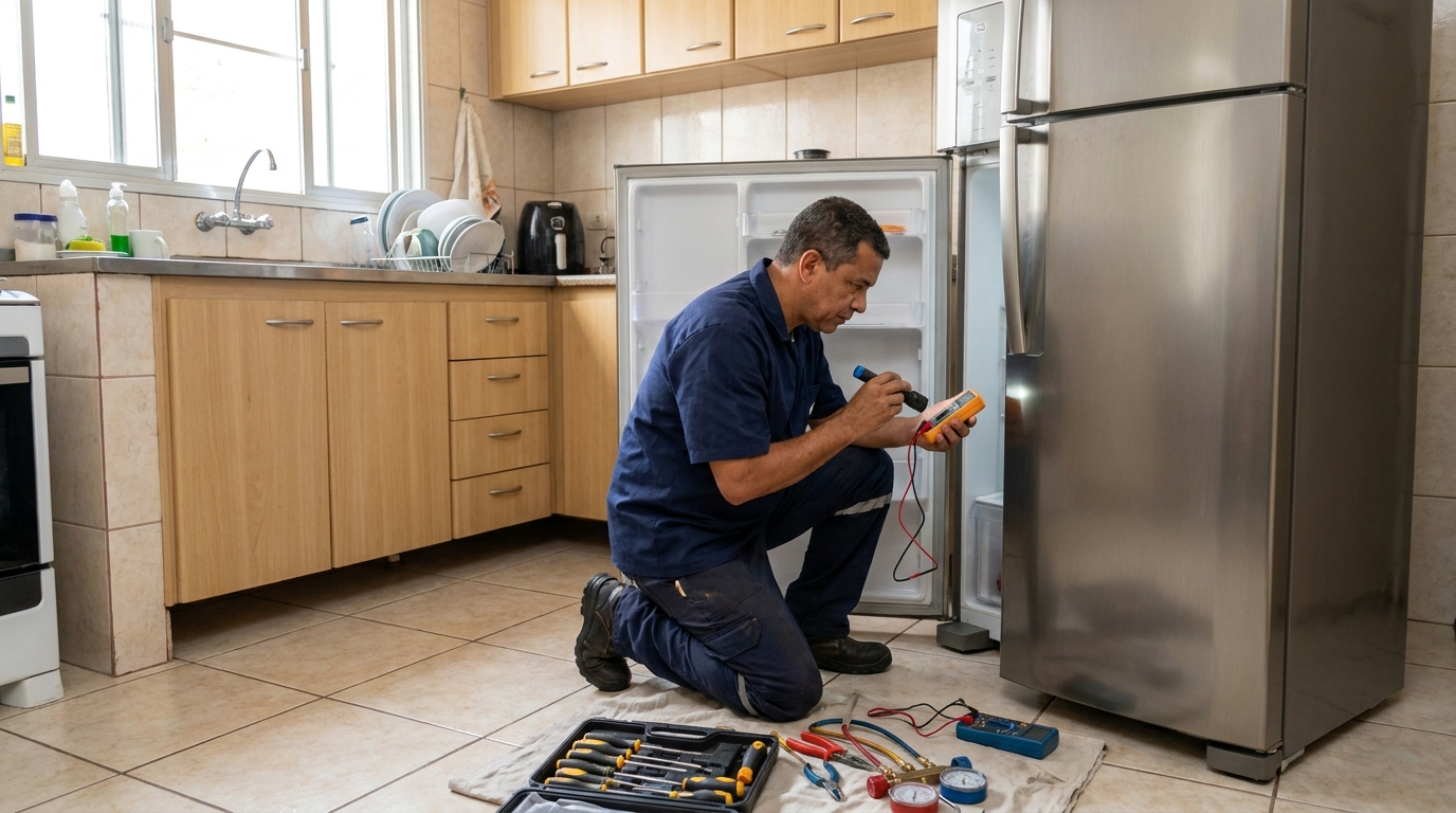 Técnico aplicando recarga de gás refrigerante em geladeira no Centro, Franca‑SP