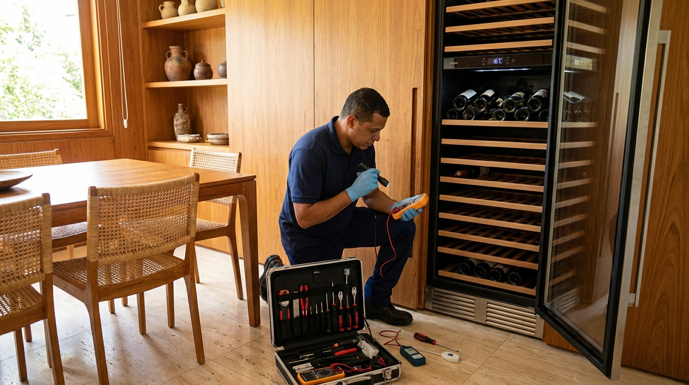 Substituição de termostato em adega climatizada em visita técnica em Franca‑SP