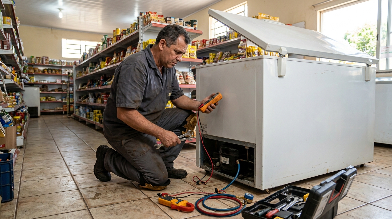 Substituição de termostato de freezer em visita técnica no Centro, Franca‑SP